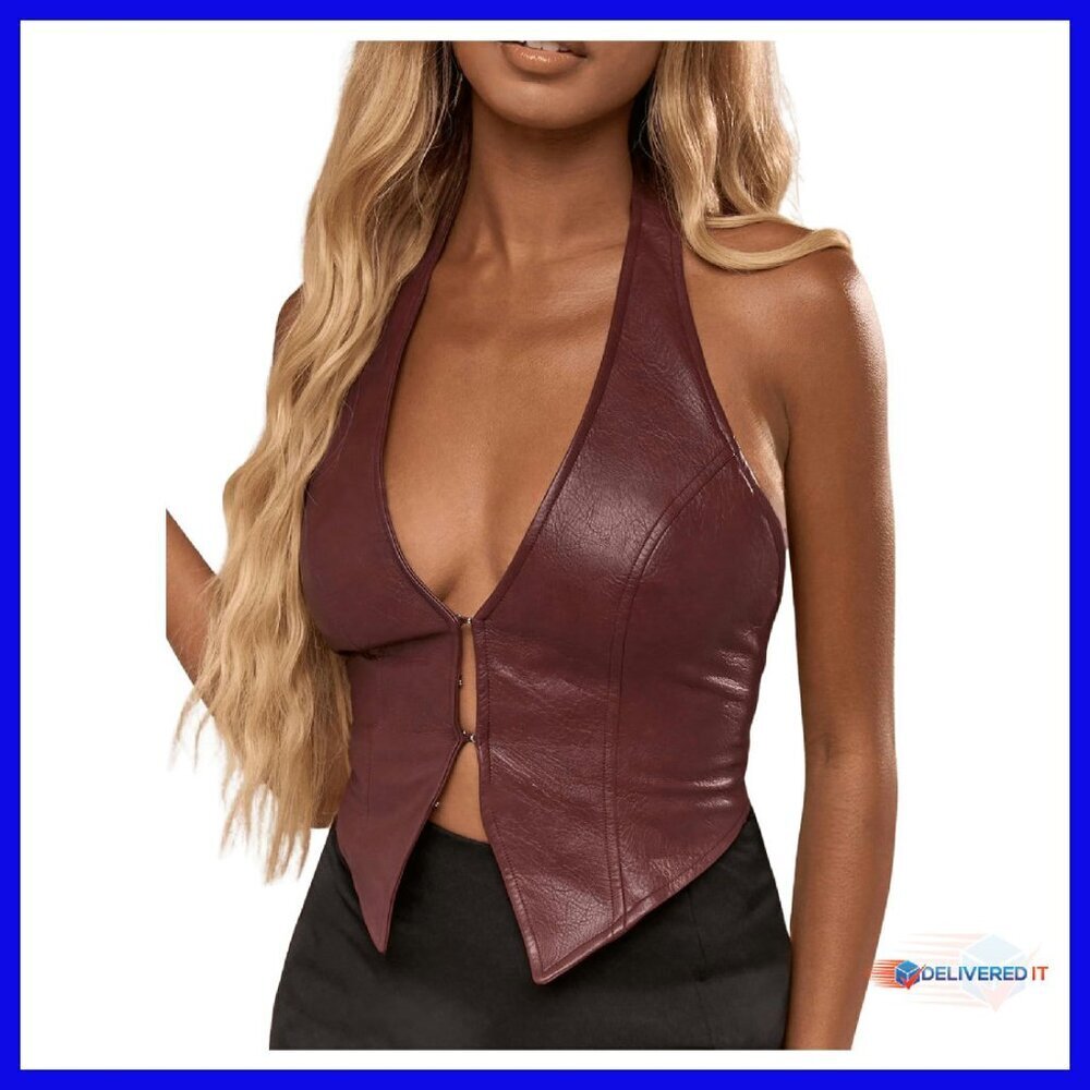 PU Leather Halter Tank Top Backless Asymmetrical Vest Corset Clubwear